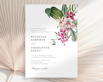Tropical Wedding Invitation, Floral Tropical Wedding Invite, Orchid Wedding Invitation, Hibiscus Wedding Invitation, Luau Invitation