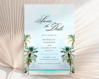 Boda en la playa guardar la fecha invitación, playa guardar la fecha, palmera guardar la fecha, boda junto al mar guardar la fecha, costa guardar la fecha