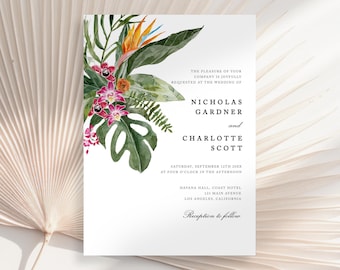 Tropical Wedding Invitation, Floral Tropical Wedding Invite, Orchid Wedding Invitation, Hibiscus Wedding Invitation, Luau Invitation