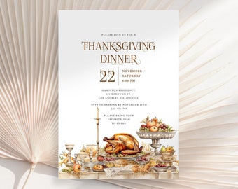 May include: A Thanksgiving dinner invitation featuring a watercolour illustration of a roasted turkey, fruit, and other food on a table setting. The invitation includes the date, time, and location of the dinner. It also requests guests to bring their favourite dish to share.