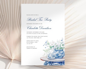 Blue Bridal Shower Tea Party Invitation Template, Bridal Brunch Invitation, Bridal Shower Tea Party, Chinoiserie Ginger Jars Invitation