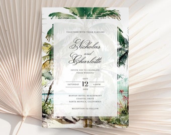 Strandhochzeits-Einladung, Strandhochzeit einladen, Ozean-Hochzeits-Einladung, Bestimmungshochzeit, tropische Hochzeitseinladung, Seehochzeit