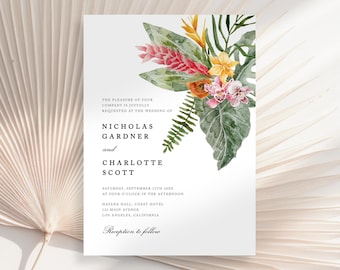 Tropical Wedding Invitation, Floral Tropical Wedding Invite, Orchid Wedding Invitation, Hibiscus Wedding Invitation, Luau Invitation