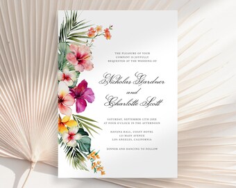 Tropical Wedding Invitation, Floral Tropical Wedding Invite, Orchid Wedding Invitation, Hibiscus Wedding Invitation, Luau Invitation