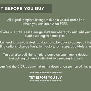 Puede incluir: Gr&aacute;fico verde oliva con el texto "TRY BEFORE YOU BUY" en la parte superior e inferior. El texto explica c&oacute;mo acceder a un enlace de demostraci&oacute;n CORJL gratuito para plantillas digitales, permitiendo la edici&oacute;n en ordenadores o dispositivos m&oacute;viles.