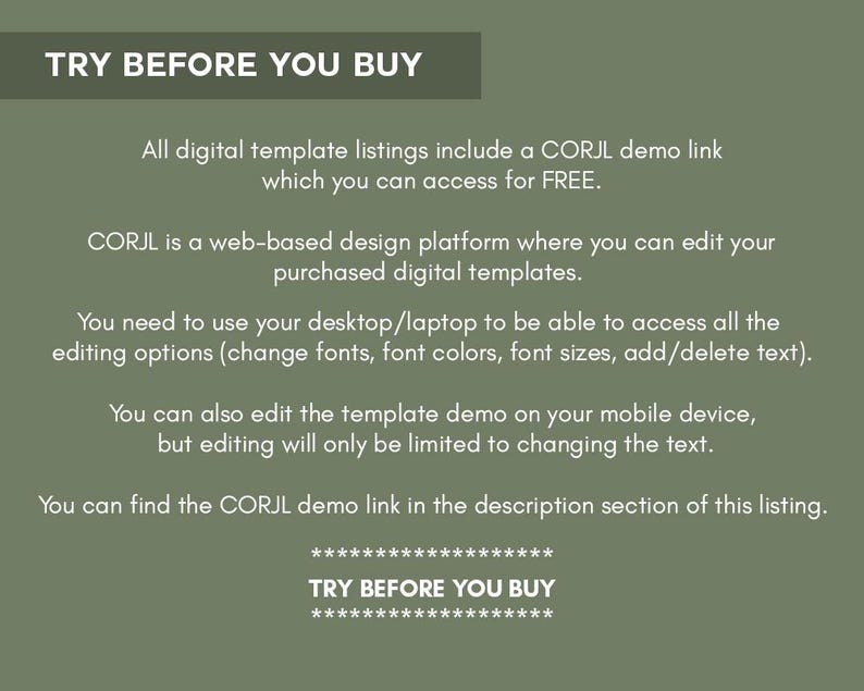 Puede incluir: Gr&aacute;fico verde oliva con el texto "TRY BEFORE YOU BUY" en la parte superior e inferior. El texto explica c&oacute;mo acceder a un enlace de demostraci&oacute;n CORJL gratuito para plantillas digitales, permitiendo la edici&oacute;n en ordenadores o dispositivos m&oacute;viles.