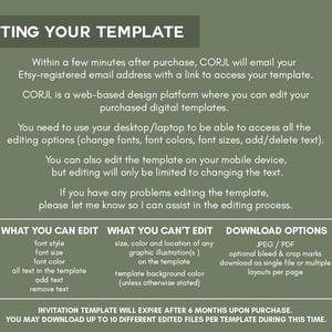 以下が含まれることがあります： 「EDITING YOUR TEMPLATE」というタイトルの、緑色の背景に情報グラフィック。CORJLを使用してテンプレートを編集する方法について説明しており、編集可能な要素やダウンロードオプションが含まれています。テキストは白です。