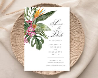 May include: A white "Save the Date" card with floral watercolor illustrations. The card features a tropical flower arrangement with pink, orange, and green foliage. Text includes names, date, and location.