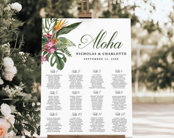 Tropical Wedding Seating Chart Template 18x24 24x36, Tropical Wedding Seating Arrangement Chart, Tropical Welcome, Hawaii Wedding Seating