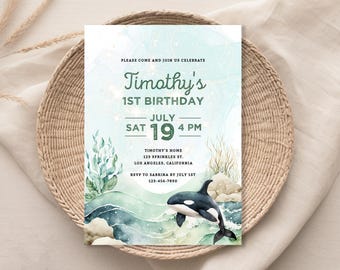 May include: A birthday invitation with a watercolor design featuring an orca whale, waves, and aquatic plants. The invitation reads "Timothy's 1st Birthday" with the date July 19th at 4 PM. The invitation includes the address and RSVP information.