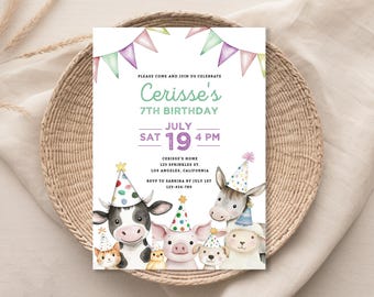 May include: A birthday party invitation featuring watercolor illustrations of farm animals wearing party hats. The invitation reads "Cerisse's 7th Birthday" with the date, time, and location details. The invitation is set on a woven basket.