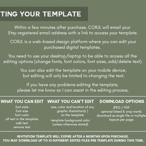 Puede incluir: Gr&aacute;fico informativo sobre un fondo verde con el t&iacute;tulo "EDITING YOUR TEMPLATE". El texto explica c&oacute;mo editar una plantilla con CORJL, incluyendo qu&eacute; se puede y no se puede editar, y las opciones de descarga. El texto es blanco.