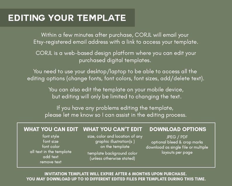 Puede incluir: Gr&aacute;fico informativo sobre un fondo verde con el t&iacute;tulo "EDITING YOUR TEMPLATE". El texto explica c&oacute;mo editar una plantilla con CORJL, incluyendo qu&eacute; se puede y no se puede editar, y las opciones de descarga. El texto es blanco.