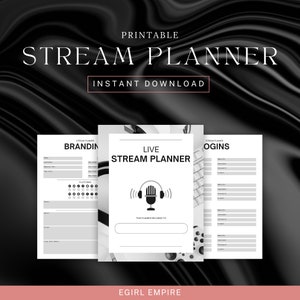 Peut inclure: Planificateur de diffusion en continu imprimable avec trois pages : branding, planificateur de diffusion en direct et connexions. La page du planificateur de diffusion en direct présente une icône de microphone et le texte « Ce planificateur appartient à ».