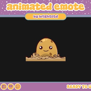 May include: Animated emote of a brown potato with a happy face peeking out of the ground. The potato has a brown stem and small brown eyes. The ground is a light brown color.