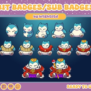 Peut inclure: Un ensemble de 10 badges de personnages de dessin animé bleus et blancs, mettant en scène un personnage dans différentes poses et tenues, notamment un roi, une couronne et un sceptre. Les badges sont prêts à l'emploi et sont parfaits pour Twitch, YouTube et Discord.