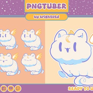 May include: A digital art design featuring a cartoon cloud-like creature with wings, a crescent moon, and a smiling face. The design is in shades of white, blue, and yellow, with the text "PNGTUBER" and "READY TO USE".