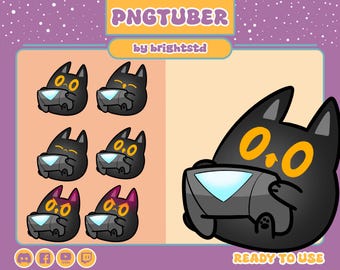 Puede incluir: Una colección de gráficos de gatos negros sosteniendo un sobre brillante. Los gatos tienen ojos naranjas y están en varias poses. El texto "PNGTUBER" y "by brightstd" están en la parte superior. Las palabras "READY TO USE" están en la parte inferior.