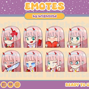 May include: A set of eight animated emotes featuring a pink-haired anime character with different expressions, including angry, happy, sad, and surprised. The emotes are designed for use on social media platforms and in online chat.