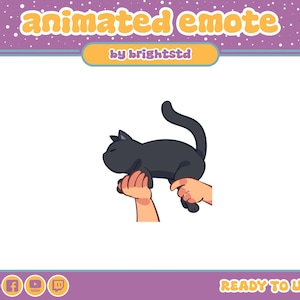 Puede incluir: Un emote animado que muestra a un gato negro siendo levantado por dos manos. El gráfico incluye el texto "animated emote" en la parte superior, "by brightstd" en un recuadro central y "ready to use" abajo, con iconos de redes sociales.