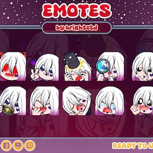 Könnte beinhalten: Eine Sammlung von Emotes mit einem Charakter mit weißen Haaren und lila Akzenten, die verschiedene Ausdrücke zeigen. Das Wort "EMOTES" steht oben, darunter "by brightstd". Social-Media-Icons und "READY TO USE" befinden sich unten.