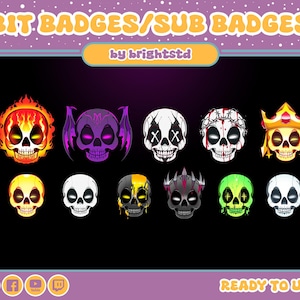 Op de afbeelding: Een verzameling kleurrijke bit- en sub-badges met schedelthema's. De badges bevatten verschillende ontwerpen, waaronder schedels met vlammen, vleermuisvleugels, kronen en meer. De tekst "BIT BADGES/SUB BADGES" en "READY TO USE" worden weergegeven.