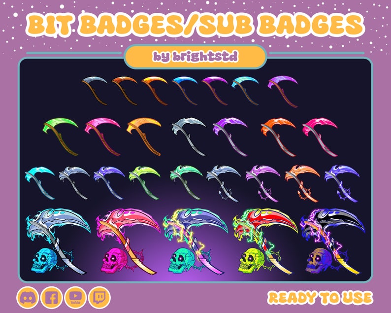 May include: A set of 30 colorful scythe bit badges for Twitch, YouTube, and other streaming platforms. The badges feature a variety of colors, including red, blue, green, yellow, and purple. The badges are ready to use and can be customized to fit your needs.