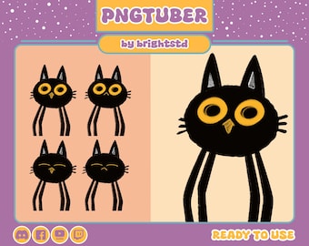 Puede incluir: Ilustración digital de un gato negro con grandes ojos amarillos y patas delgadas. La imagen incluye el texto "PNGTUBER" y "by brightstd". El gato tiene un diseño minimalista, con un estilo simple y de dibujos animados. El fondo está dividido en dos secciones, con un esquema de color púrpura y melocotón.