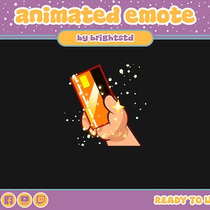 May include: Animated emote of a hand holding a glowing orange credit card with a yellow stripe. The hand is cartoon-style and has a light green glow around it.
