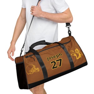 Personalisierte braune Reisetasche mit Helm-Design für American Football/Rugby | Personalisierbar mit Name & Spielernummer