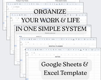 Universal Work Organizer System, Google Sheets and Excel Productivity Template, Task Manager, Project Planner, Weekly and Monthly Planner