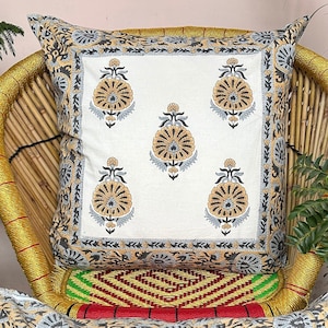 Hand Block Print Reversible Cotton Cushion Cover: Indian Floral Pillow Sham