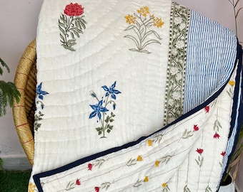 Anokhi Indian Jaipuri Block Print Quilt Printed Reversible Kantha Quilt Cotton Handmade Floral Quilt, Jaipuri razai, Bedspread Comforter
