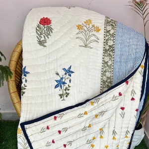 Anokhi Indian Jaipuri Block Print Quilt Printed Reversible Kantha Quilt Cotton Handmade Floral Quilt, Jaipuri razai, Bedspread Comforter