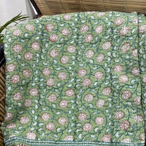 Kantha Stitch Pure Cotton Reversible Bed/Sofa Throw King Size | Handmade Hand Printed Country Dohar  Elegant White Green Kantha