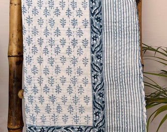 Hand Block Printed Kantha Quilt: Vintage Cotton Bedspread Throw