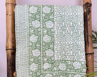 Hand Stitched Kantha Quilt, Hand Block Printed Quilt, Pure Cotton Blanket, Handmade Throw, Artisan Bedspread, Indian Vintage Kantha Quilt
