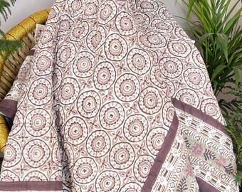 Edredón de algodón con estampado de bloques indios, ropa de cama Kantha Queen reversible, ropa de cama bohemia hecha a mano
