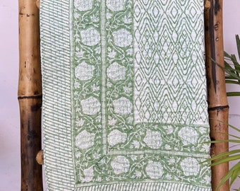 Hand Stitched Kantha Quilt: Hand Block Printed Cotton Bedspread Blanket Throw