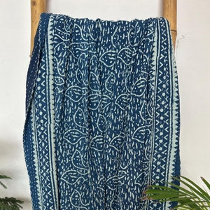 Kantha Stitch Pure Cotton Reversible Bed/Sofa Throw King Size | Handmade HandPrinted Floral Dohar | Indian Vinage Kantha Quilt Queen Size