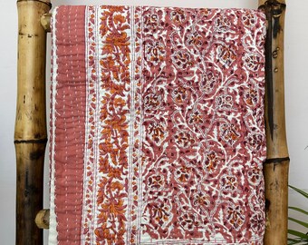 Vintage Kantha-Handstich-Steppdecke, indische Handblock-bedruckte Kantha-Steppdecke, reine Baumwolle, Kantha-Bettdecke, Baumwolldecke, Gudari-Tagesdecke, Überwurf