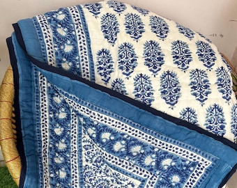 Hand Block Printed Reversible Quilt: Organic Cotton Jaipuri Razai Blue Queen Quilt