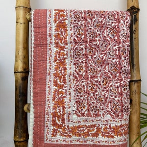 Hand Stitched Kantha Quilt: Indian Block Print Cotton Bedspread