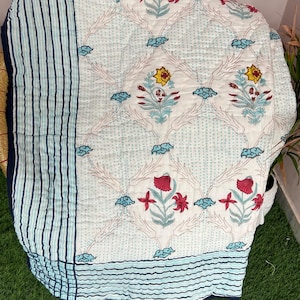 Anokhi Indian Jaipuri Block Print Quilt Printed Reversible Razai Cotton Handmade Floral Quilt, Jaipuri razai, Bedspread Comforter Bedding