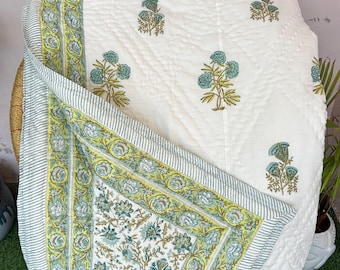 Anokhi Hand Block Print Cotton Quilt, Reversible Kantha Queen Bedspread
