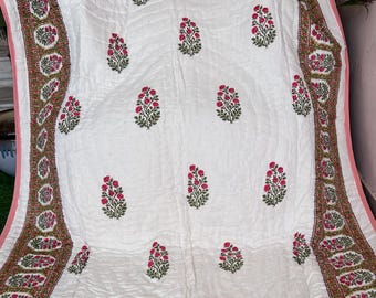 Hand Block Print Kantha Quilt: Reversible Floral Cotton Bedspread, Handmade Blanket Throw Boho Bedding