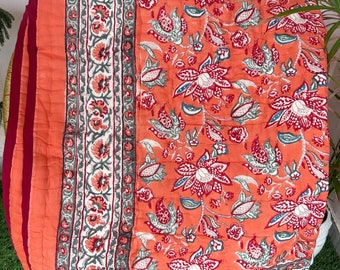 Handmade Floral Block Print Cotton Quilt: Reversible Kantha Bedspread