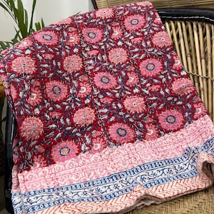 Kantha Stitch Pure Cotton Reversible Bed/Sofa Throw King Size | Handmade HandPrinted Floral Dohar | Floral Kantha Quilt Bedspread
