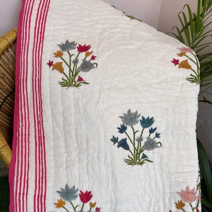 Hand Block Printed Cotton Quilt: Reversible Floral Blanket, Jaipuri Razai