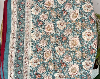 Floral Hand Block Printed Cotton Quilt: Reversible Blanket Throw